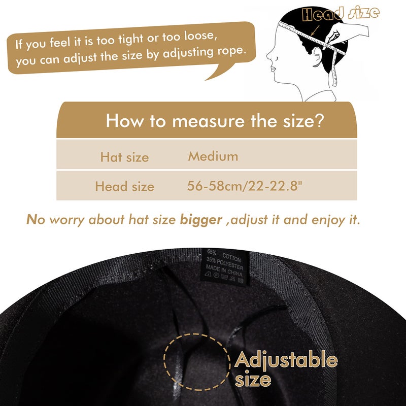Gossifan Women's Felt Fedora Hat Wide Brim Panama Hats with Tassel-Black - Image 4
